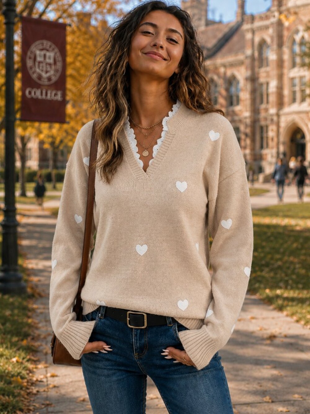 Pretty Hearts Lace Nothced Collar Long Sleeve Neutral Preppy Comfy Sweater